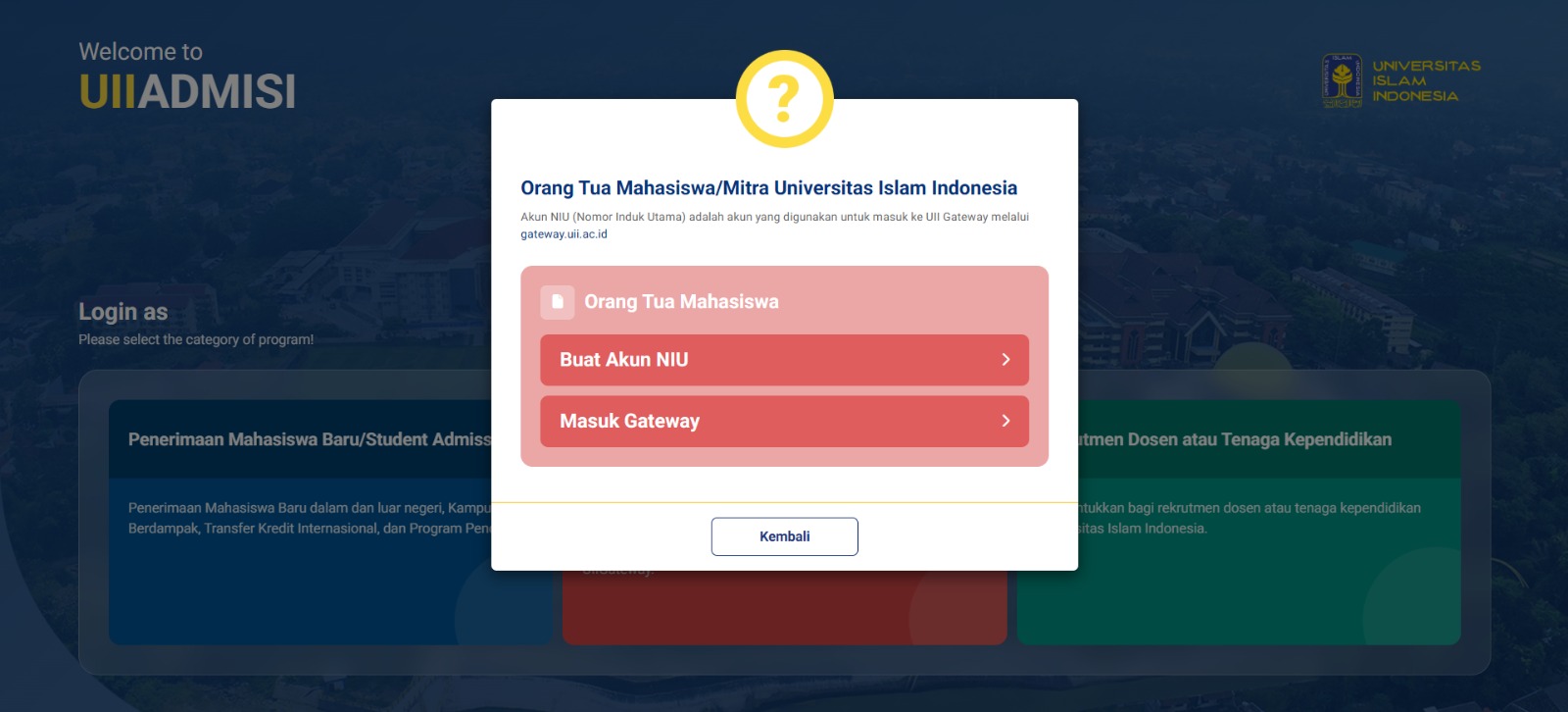 Pop-up pilihan Orang Tua Mahasiswa untuk membuat akun NIU