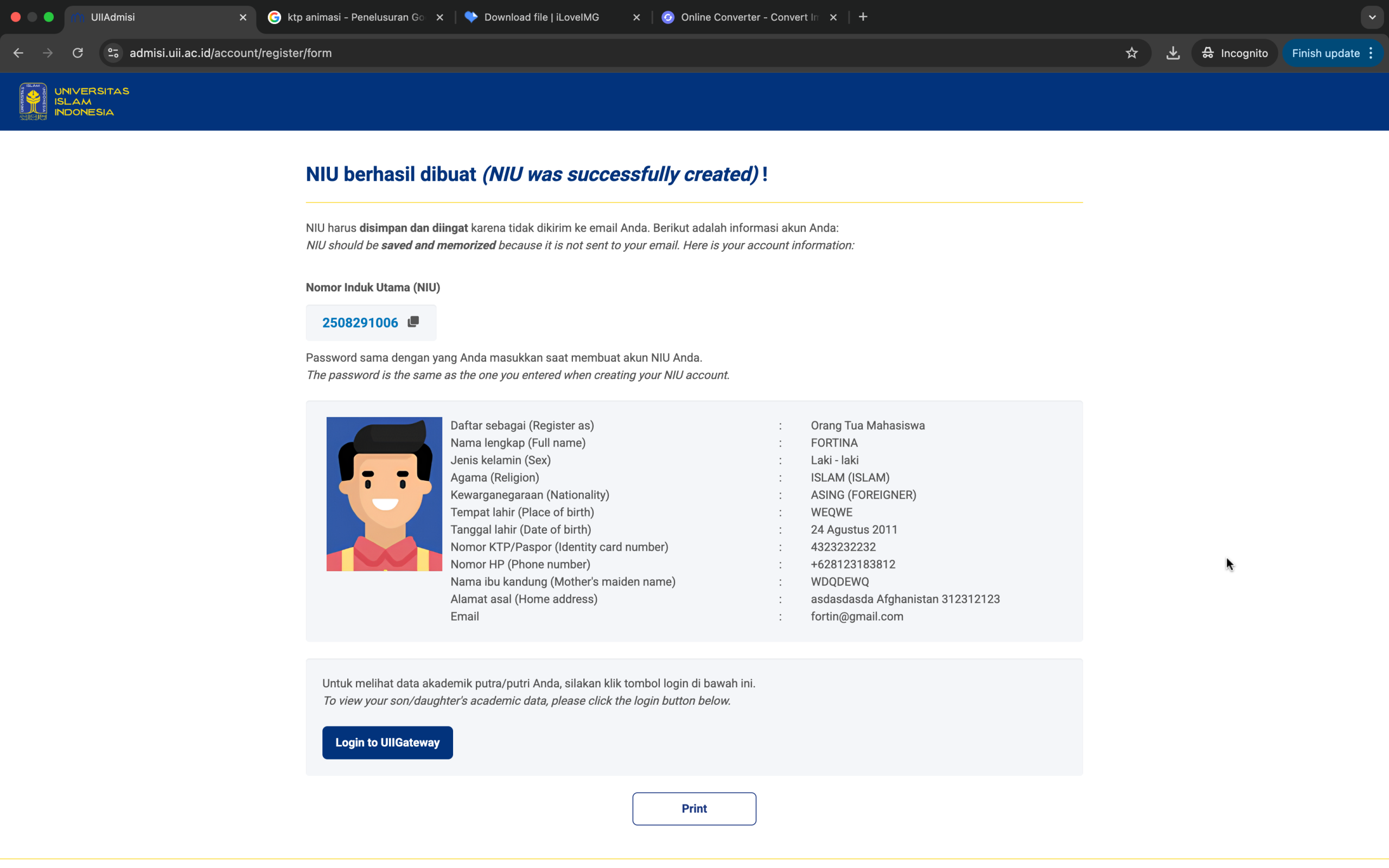 Halaman konfirmasi NIU berhasil dibuat